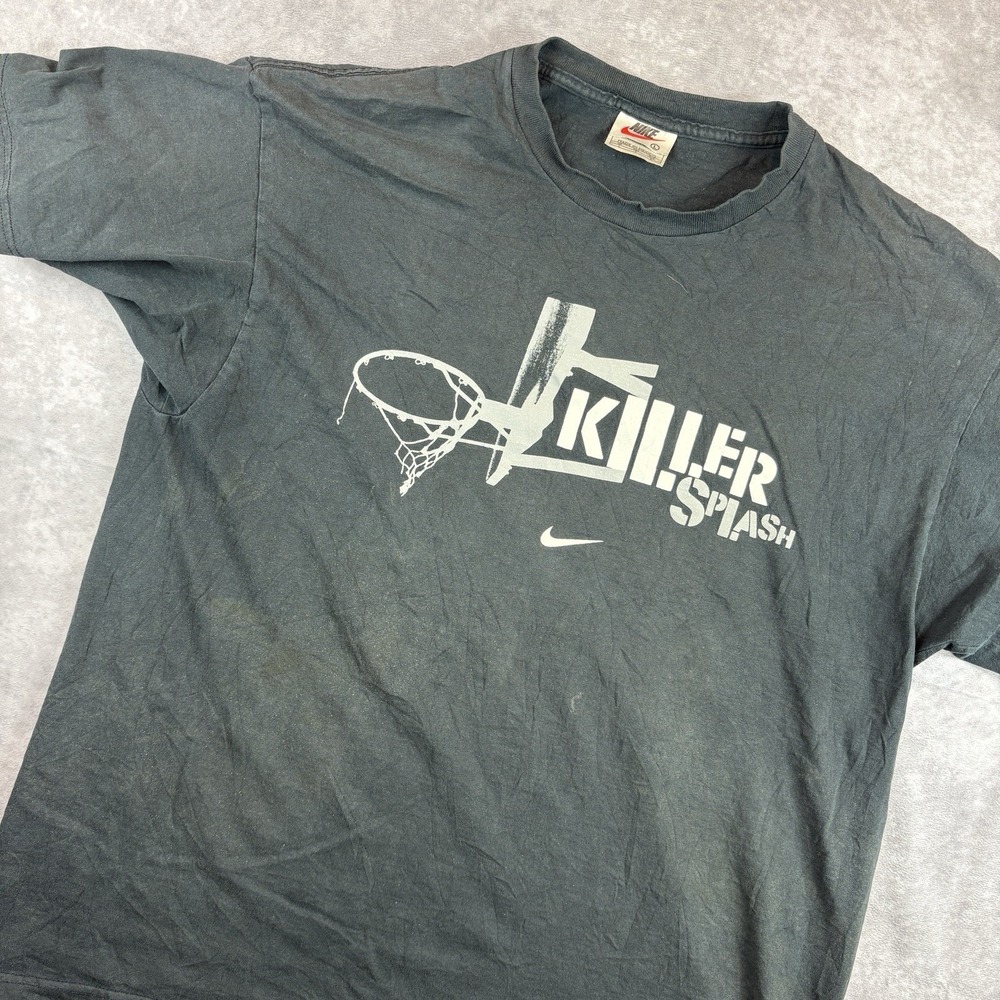 Vintage Nike T-Shirt Mens L Black Basketball Swoosh White Tag Killer‎ Splash